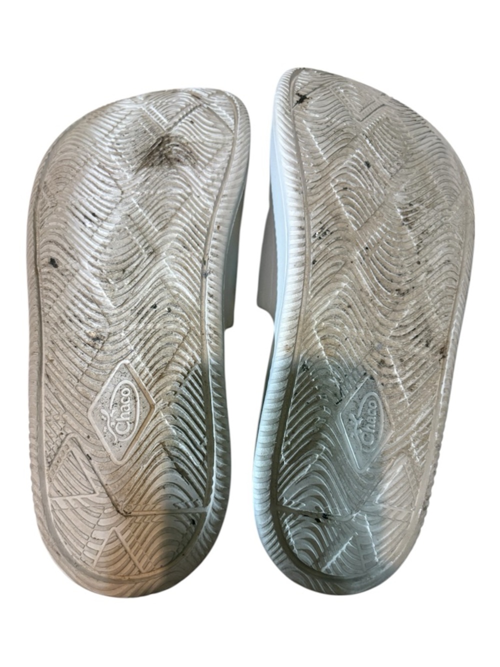 Chaco Slide Sandals in Beige and Black with Rainbow Tie-Dye Straps - Picture 4 of 11